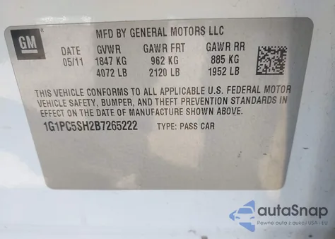 2011 Chevrolet Cruze Ls из США, поврежденный, VIN 1G1PC5SH2B7265222